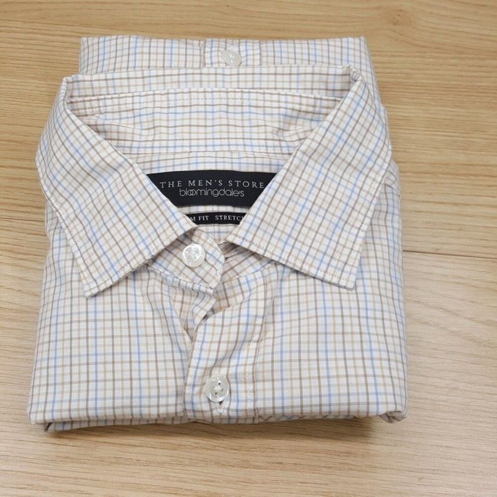 BLOOMINGDALES Shirt Mens Small White Grid Check Plaid Button Up Slim Fit Stretch